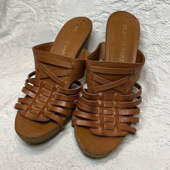 Franco Sarto Wedges Cognac Tan Leather Hillary Wedge Slide Fisherman Sandals - Picture 2 of 8